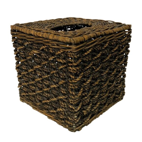 Woven Wicker Tissue Box Cover Holder Brown Square Vertical Bathroom Decor - Picture 1 of 7
